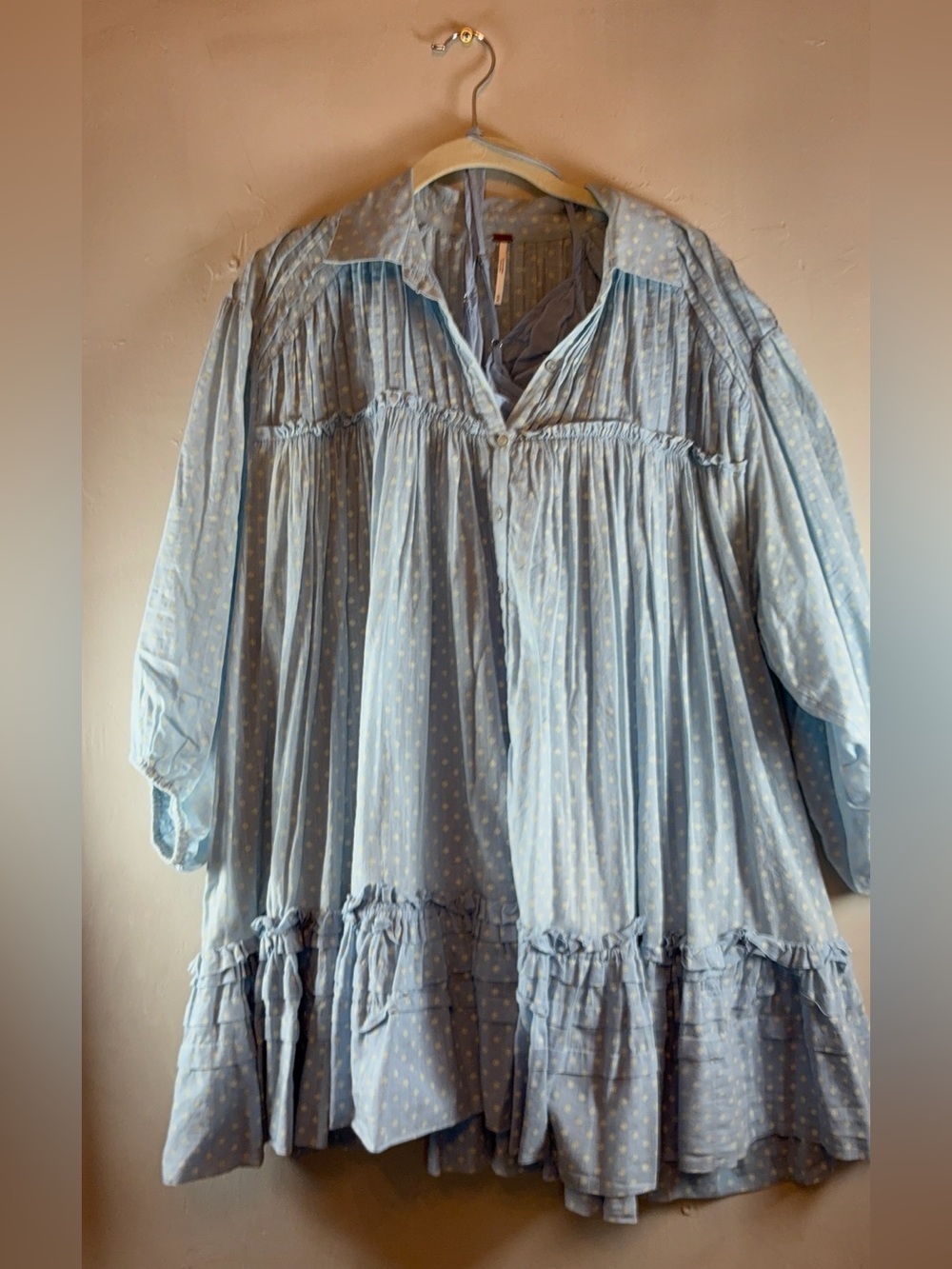 Free People Blue Metallic Print Babydoll Dress – Ruffle Tiered Mini, Size M
